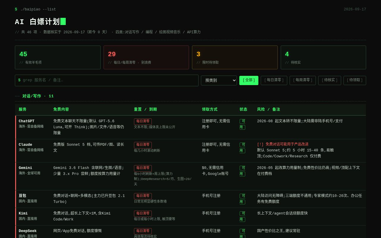 AI 白嫖计划界面